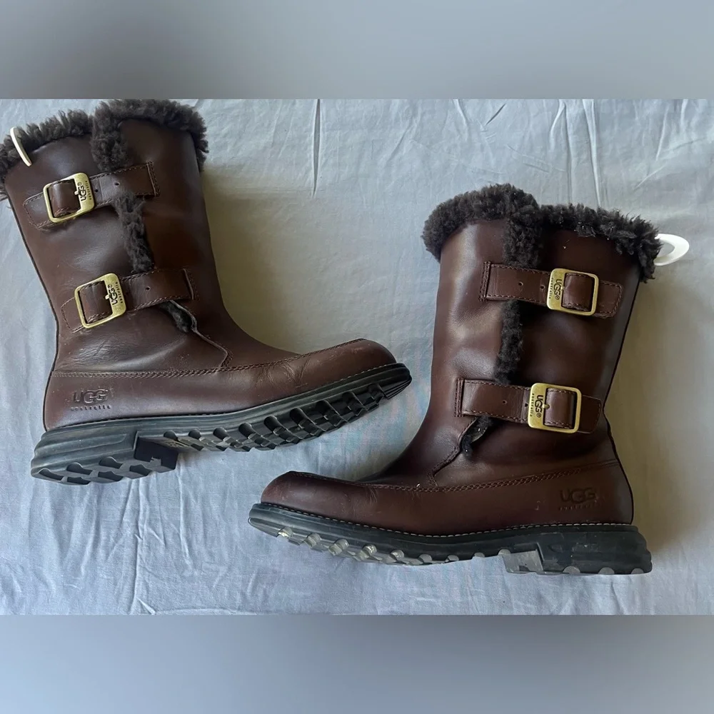 UGG Women Brown Leather Moto Boots 7 Mid Calf Motorcycle Sheepskin Fur Lined - Picture 1 of 5